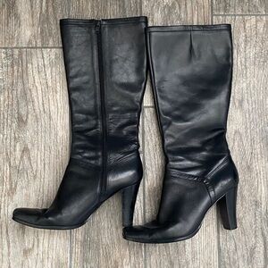 Nine West Tall Black Leather Zip Square Toe Riding Boots CALLANO